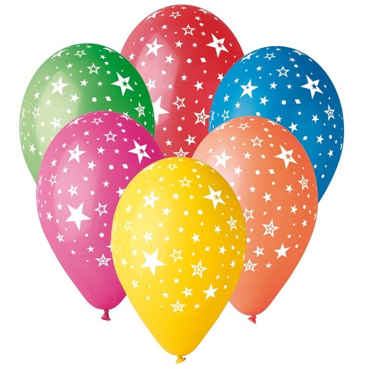 Színes léggömbök csillagmintával, 5 darabos szett, 30cm, pasztell mix