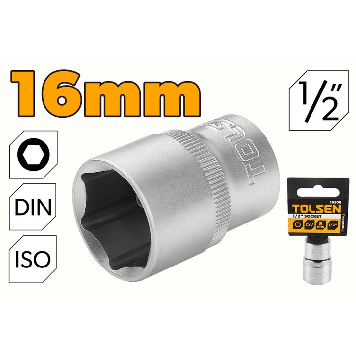 Cheie tubulara TOLSEN 1/2" Cr-V 16 mm, 50BV30, tratament termic, standard DIN3124/ISO2725, canal retinere bila, cromata, actionare manuala, Industrial