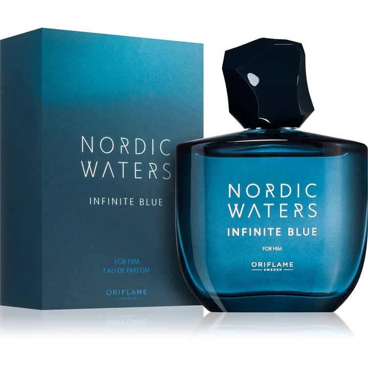 Oriflame Nordic Waters Infinite Blue férfi eau de parfum 75 ml, mély tengeri és meleg fás alapjegyekkel, intenzív és frissítő illat