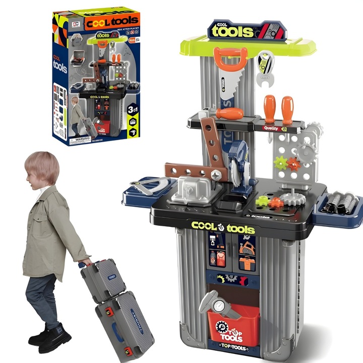 Banc de Lucru Copii 3 in 1 Kidprotect® MiniBuilder Duo Case, Pliabil, 2 Serviete, Cu Roti, Surubelnita, Chei, Diverse Accesorii, Suruburi, Piulite, 42 Accesorii