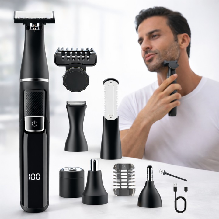 Aparat de Ras Multifunctional & Body Hair Trimmer Profesional ProTrim 6 in1 IdealTI®, Waterproof, Display LED, Incarcare USB, 8500 RPM, Negru