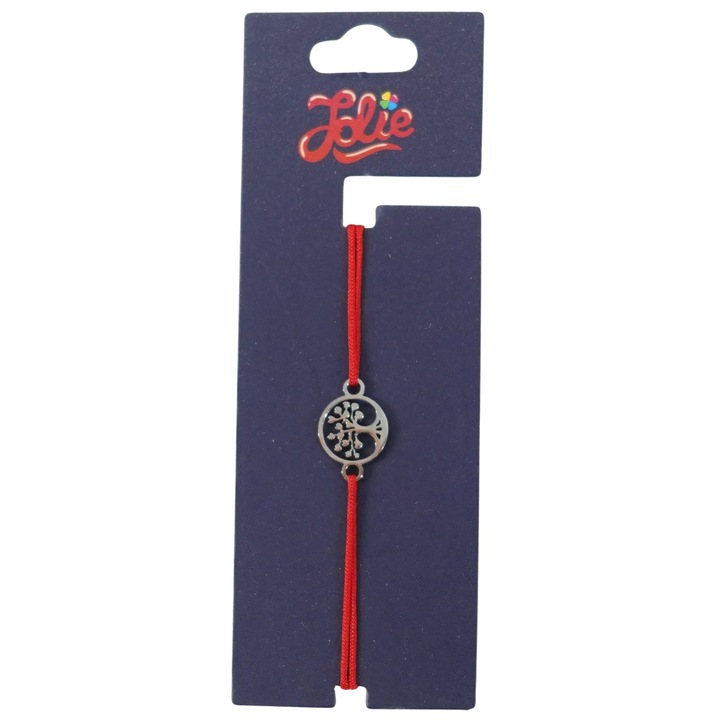 Martisor Bratara din Inox pentru Copii, Textil si Inox, Snur Rosu, Model Copacul Vietii, Argintiu