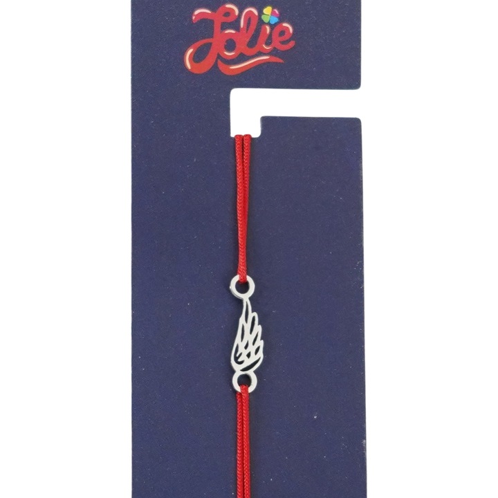 Martisor Bratara din Inox pentru Copii, Jolie, Textil si Inox, Snur Rosu, Model Aripa de Inger, Argintiu