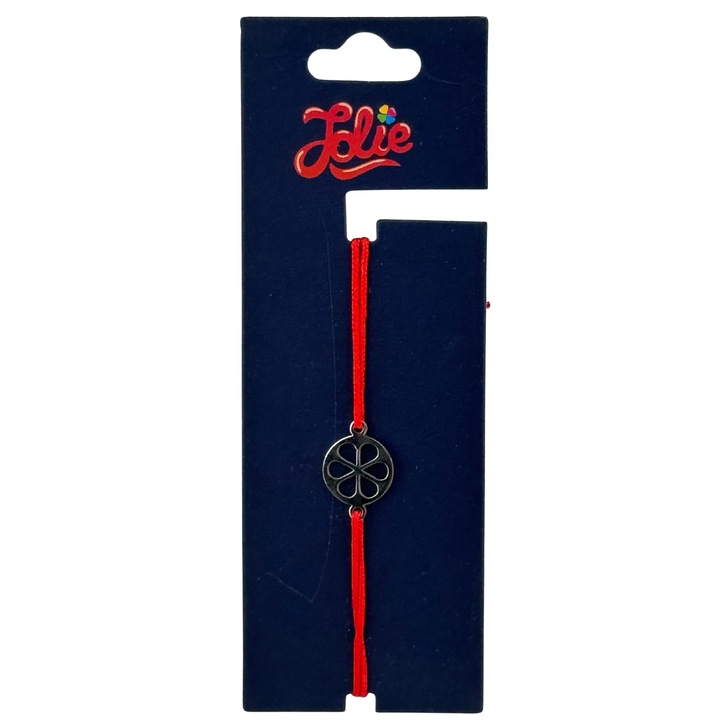 Martisor Bratara din Inox pentru Copii, Jolie, Textil si Inox, Snur Rosu, Model Floare, Argintiu