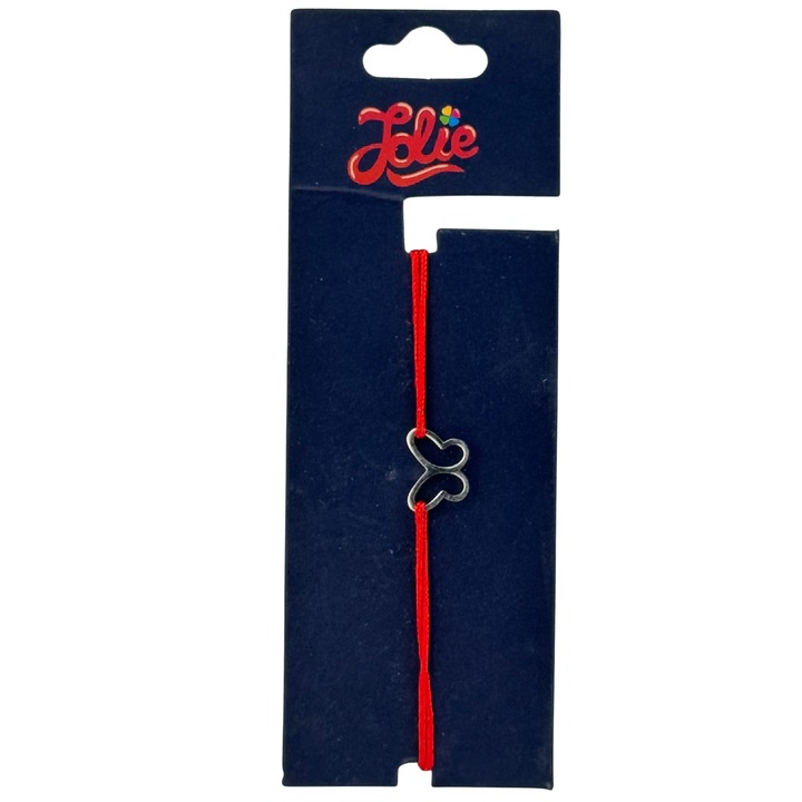 Martisor Bratara din Inox pentru Copii, Textil si Inox, Snur Rosu, Model Fluture Gol, Argintiu