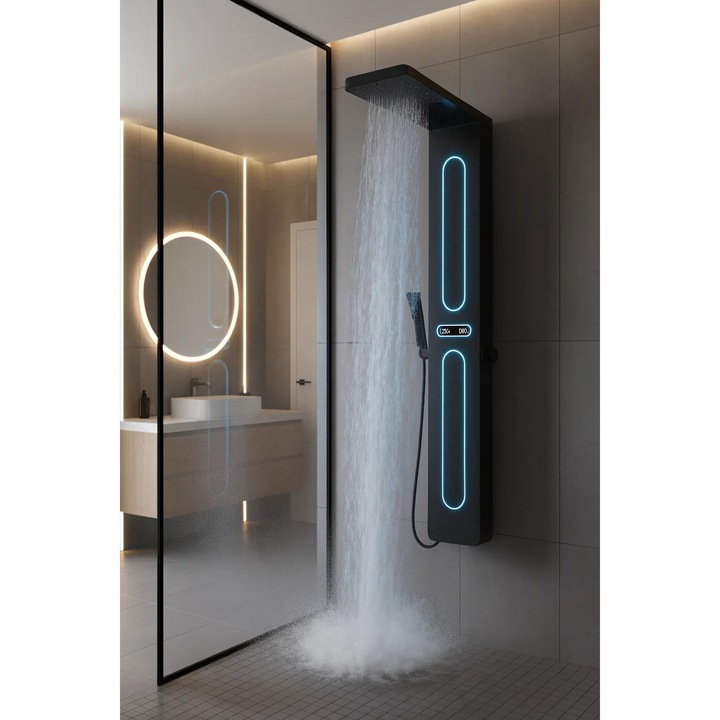 Panel de Dus cu Efect de Ploaie si Jeturi cu Masaj, Display si LED Incorporat, Negru Mat