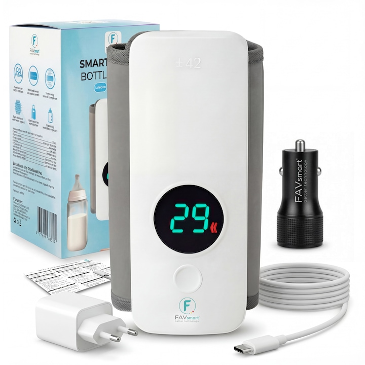 Incalzitor Biberon/Biberoane Portabil FAVsmart®, Termostat Automat, 6 Niveluri de Temperatura, Display LCD, Acumulator 6000mAh, Incarcator Dedicat Inclus, Ideal pentru Hranire Nocturna si Calatorii, BPA Free, Alb/Gri + Incarcator Auto Dual 48W Inclus