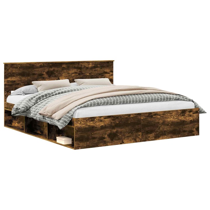 Cadru de pat vidaXL, Stejar fumuriu 180 x 200 cm Lemn de pin masiv