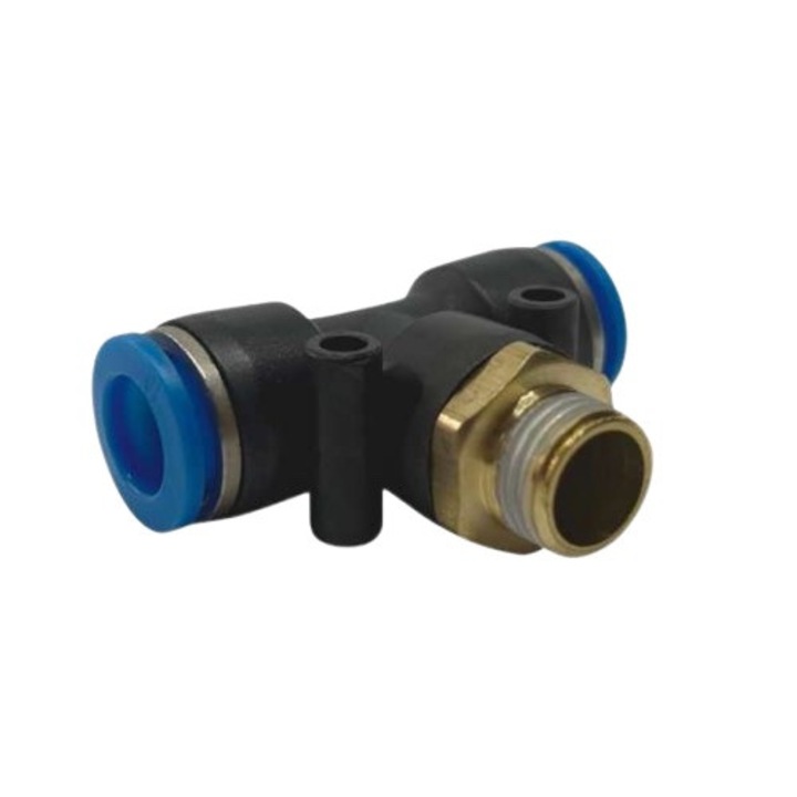 Conector pneumatic in T, AZ, filet exterior 12, 7 mm, racorduri furtun 10 mm, plastic, alama