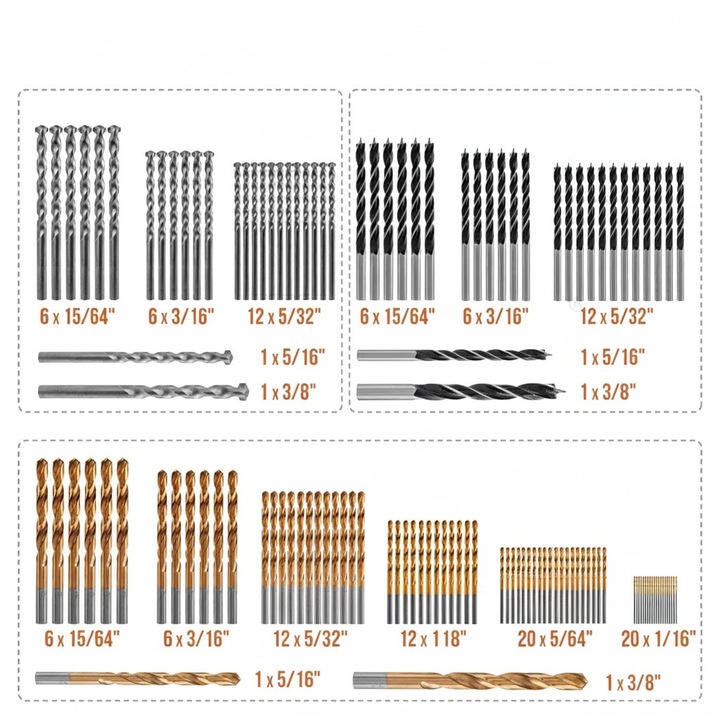 Set burghie Hi-Spec 130 buc, HSS din titan, varf Brad, 11 dimensiuni 1-3/8 inch, multicolor