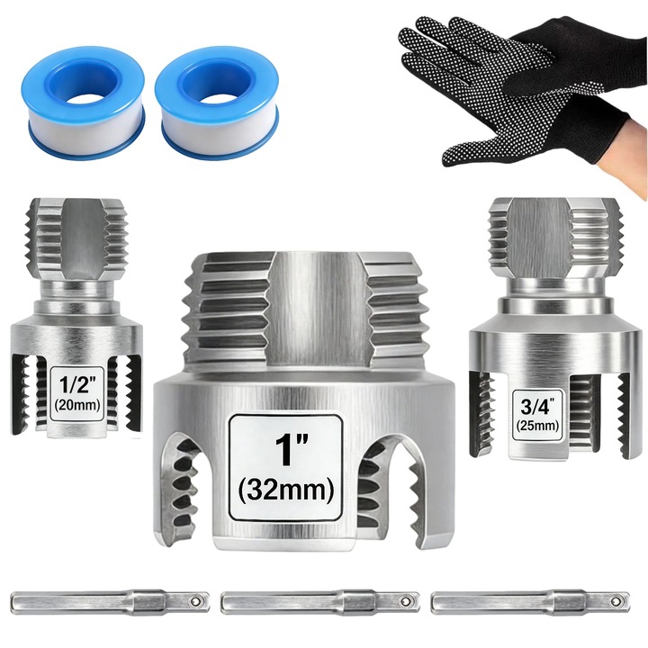 Set Filetare Tevi PPR/PVC Omelivon®, 3 Matrite (Include 1"-DN25, 3/4"-DN20, 1/2"-DN15), Compatibil Bormasina, 2x Teflon + Manusi, Kit Profesional pentru Mesteri, Casa si Gradina