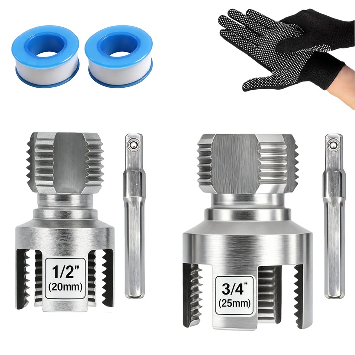 Set Filetare Tevi PPR/PVC, 2 Matrite (20mm, 25mm), Tije Hexagonale, 2x Teflon, Manusi, Kit Esential DIY