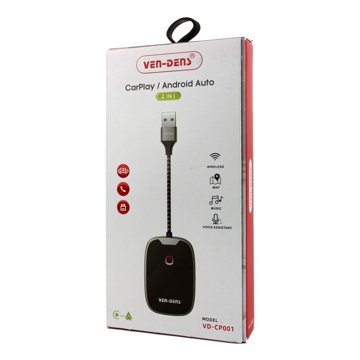 Adaptor auto CarPlay si Android, Ven-Dens VD-CP001, USB-A, USB-C, Bluetooth, Wi-Fi, 2 GB, Negru-Gri