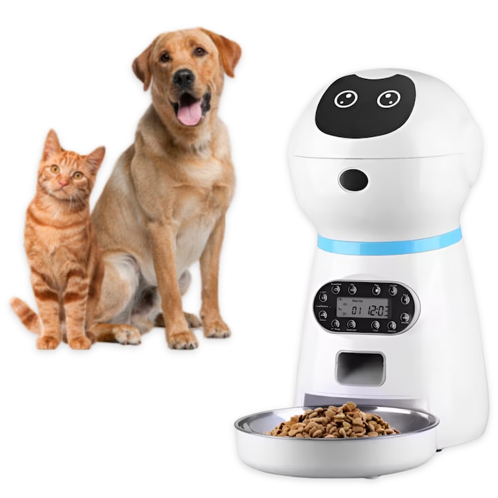 Hranitor Automat pentru Caini si Pisici, LuckyLu®, Dispenser automat, bol otel inoxidabil Premium, control portii, inregistrare vocala, functii programare, temporizator programabil pana la 4 mese pe zi, 3.5 L, 1.5 W, senzor infrarosu, alb, 36 x 32 cm