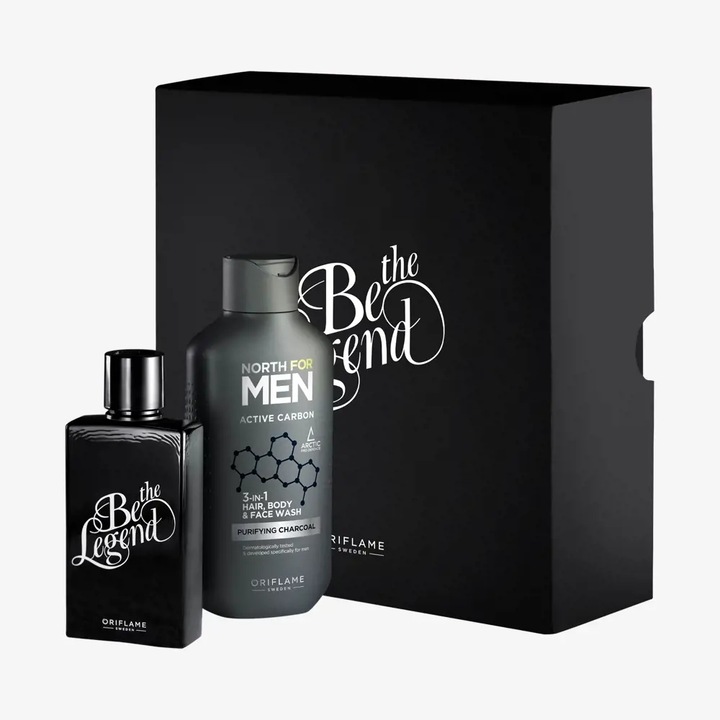 Set barbati Oriflame Be the Legend apa de toaleta 75 ml si gel de curatare 3 in 1 North For Men Active Carbon, parfum masculin si ingrijire completa