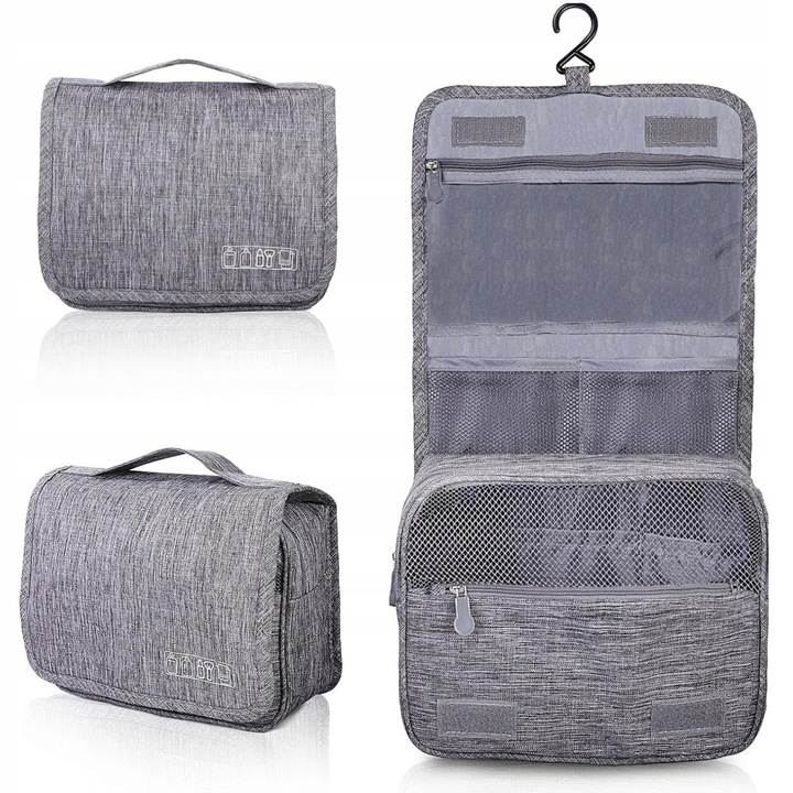 Függeszthető Utazó Kozmetikai Táska, SNM, Méretek 23x9x18 cm, Vízálló Poliészter, Unisex Rendszerező Horoggal és 3 Rekesszel, Szürke