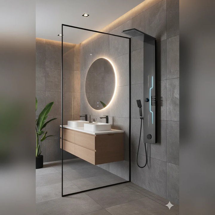 Panel de Dus Shark cu Efect de Ploaie si Jeturi cu Masaj, LED Incorporat, Negru Mat