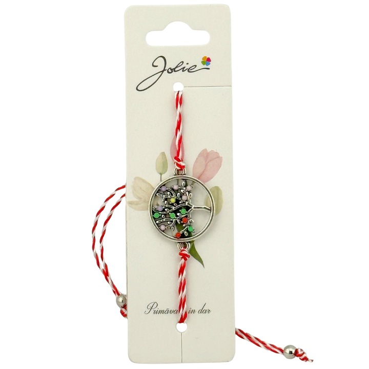 Martisor Bratara Snur Alb-Rosu, Jolie, Pandantiv Metalic, Model Copacul Vietii