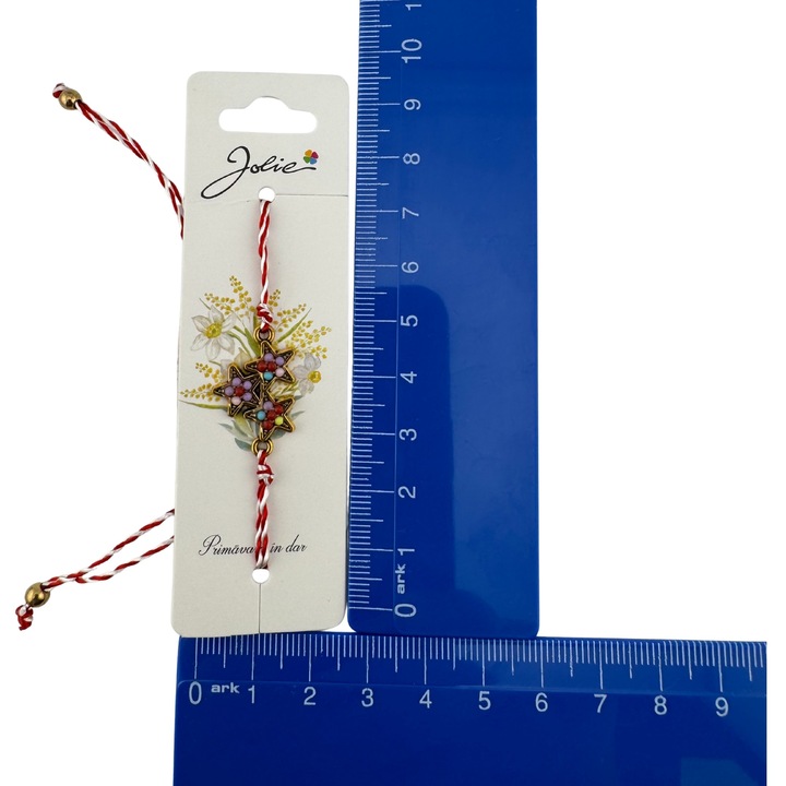 Martisor Bratara Snur Alb-Rosu, Jolie, Pandantiv Metalic, Model Stelute Colorate