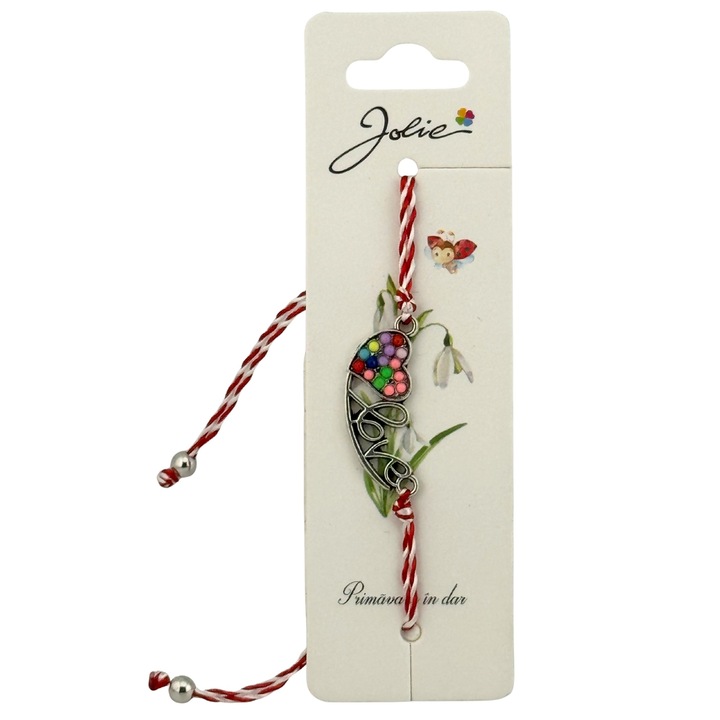 Martisor Bratara Snur Alb-Rosu, Leski, Pandantiv Metalic, Model Inima Love