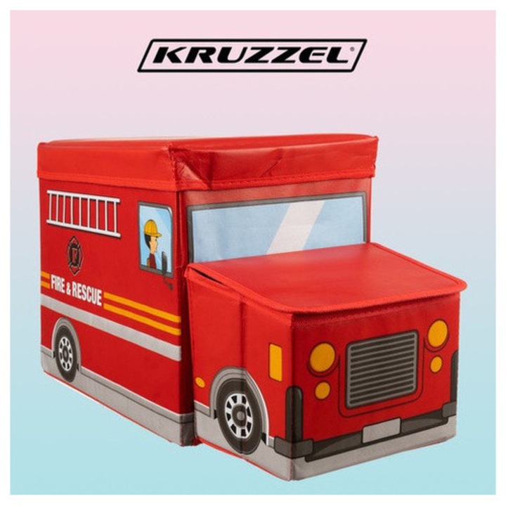 Сгъваема кутия за съхранение на играчки, тип пожарна кола с капак, весел дизайн за детска стая, 53 x 26 x 31.5 см, идеална за организиране, червена