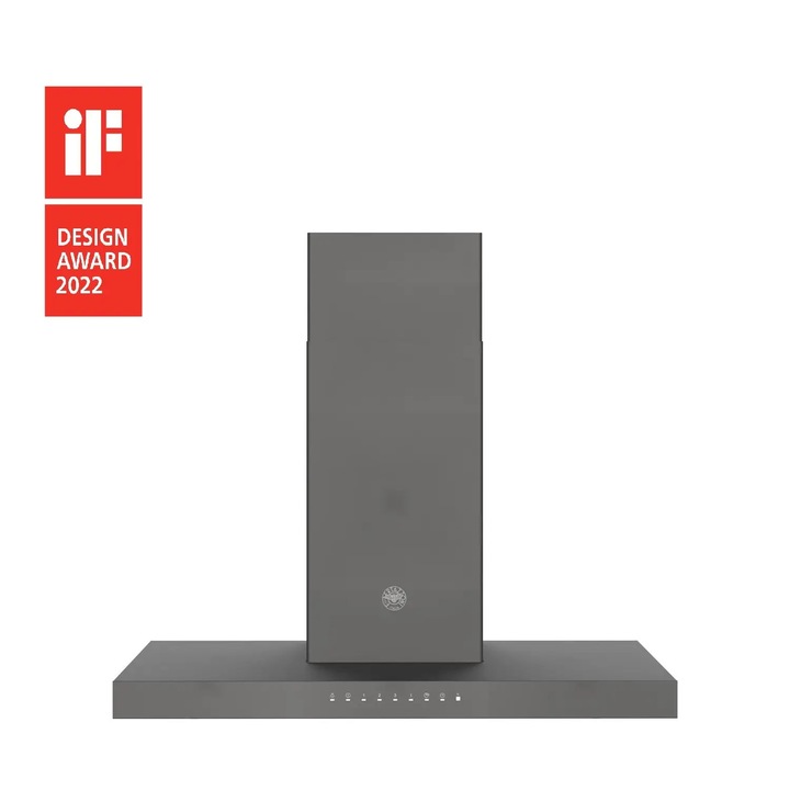 Hota de perete tip T Bertazzoni, colectie Professional, 90 cm, Clasa A+, cosum redus, 750 m³/h, 3 trepte de putere, functie Turbo, panou control electronic, timer, oprire automata, filtru lavabil din otel, tub evacuare, burlan telescopic, antracit