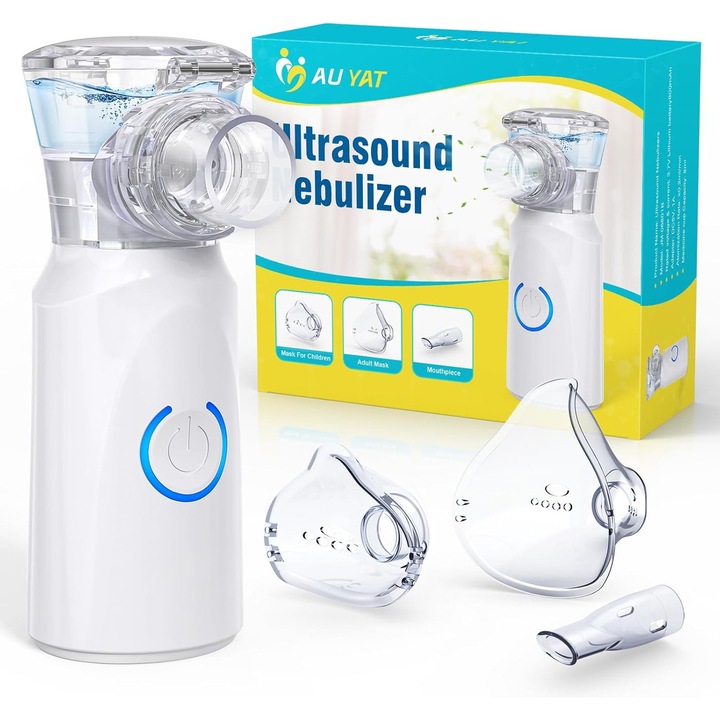 Aparat de Aerosoli Nebulizator cu sita (Mesh) AU YAT JM-06801B, pentru Copii, Bebelusi si Adulti, Portabil, Reincarcabil USB-C 800mAh, Ultra-Silentios 25dB, Cupa 8ml, Alb