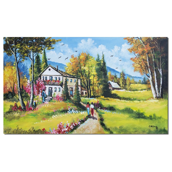 Tablou peisaj de munte pictat manual, Pe meleaguri transilvanene, 100x60cm ulei pe panza, Constantin Feraru