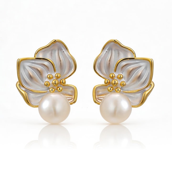 Cercei Floare cu Perla Naturala – Ac Argint 925 & Placare Aur 18K, Eleganta Inspirata din Natura