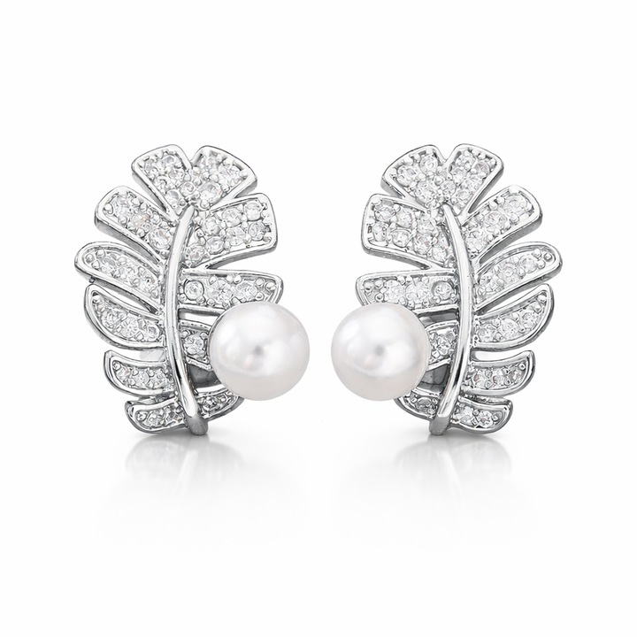 Cercei Stud cu Pana, Perla & Zirconia – Ac Argint 925, Placare Aur 18K, Elegant & Feminin