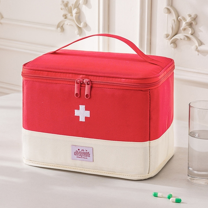 Trusa Medicala Portabila de Mare Capacitate – Organizator Medicamente cu Compartimente, Husa de Prim Ajutor pentru Acasa si Calatorii, rosu