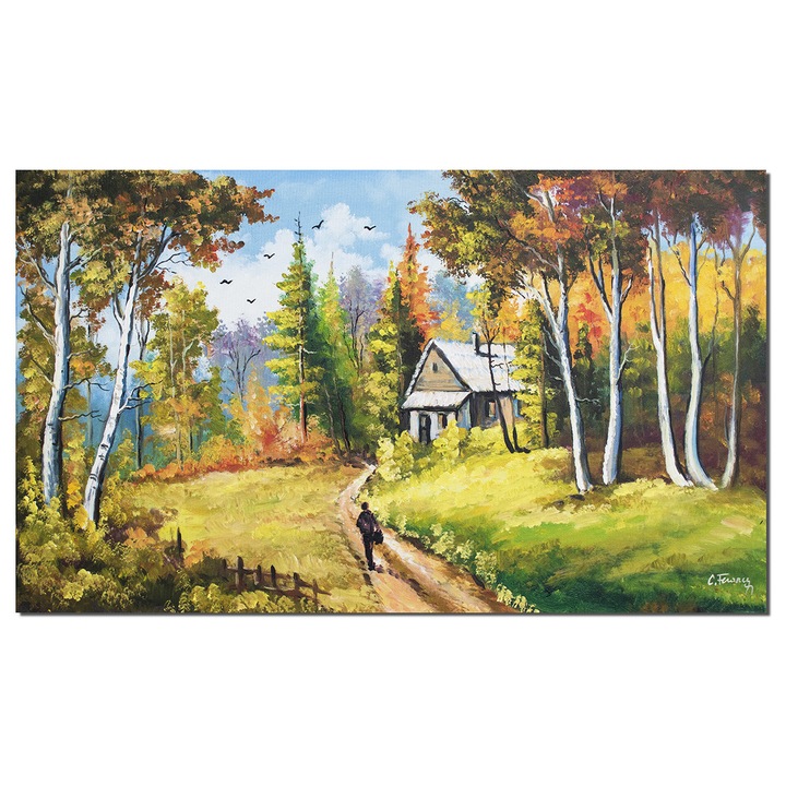 Tablou peisaj pictat manual, La casa de la marginea padurii, 100x60cm ulei pe panza, Constantin Feraru