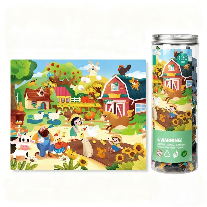 Puzzle copii 130 piese, Joc educativ 3 4 5 ani, Puzzle carton rezistent, Tema Casuta la Ferma, Jucarie educativa prescolari, Joc dezvoltare logica si concentrare, Puzzle mare copii, Cadou fata baiat, Cutie depozitare tip galeata