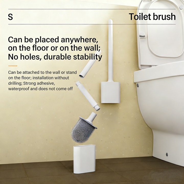 Силиконова тоалетна четка, мека и гъвкава, почистване без недостъпни зони и ъгли, дръжка отделяща се за спестяване на пространство, за монтаж на стена, комплект 2 броя, удължена 37 см, бяла