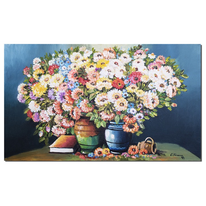 Tablou clasic cu flori pictat manual, Vaze cu flori multicolore si carte, 100x60cm ulei pe panza, Constantin Feraru