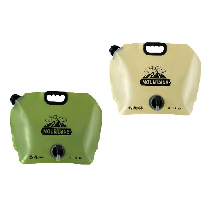 Sac de apa pliabil portabil, pentru camping, calatorii si drumetii, 8L, set 2 bucati, moale si rezistent, verde/galben