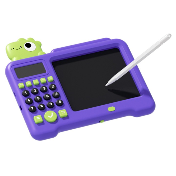 Tabla de desen, cu suprafata de scriere reutilizabila · Ecran LCD, genereaza automat exercitii de matematica · Include calculator, tabla de scris si tabla de desen · Jucarie educativa multifunctionala, potrivita pentru invatare si desen liber