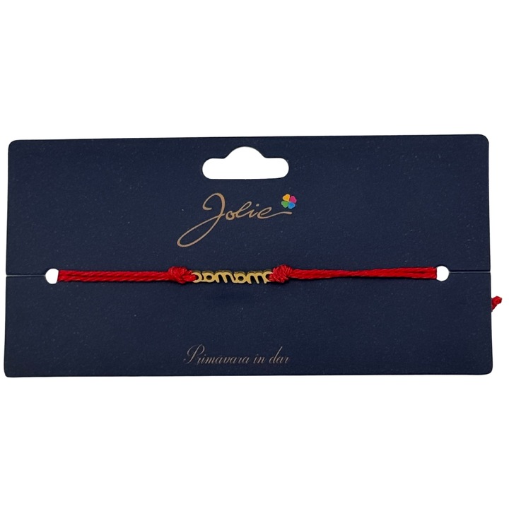Bratara Martisor, Jolie, Primavara, Textil si Inox, Snur Rosu, Model Scris Mama, Auriu / Rosu