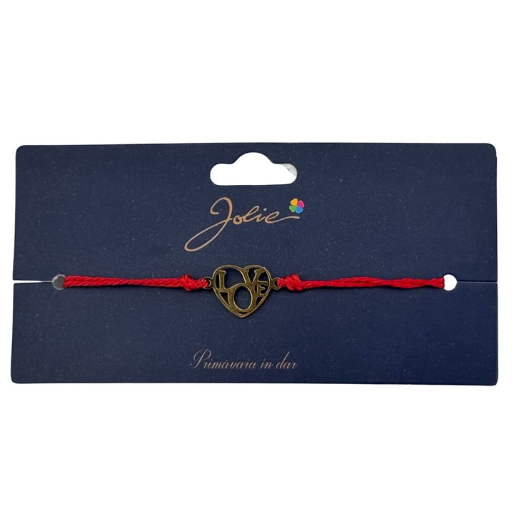 Martisor Bratara Primavara, Textil si Inox, Snur Rosu, Model Inima Love, Auriu