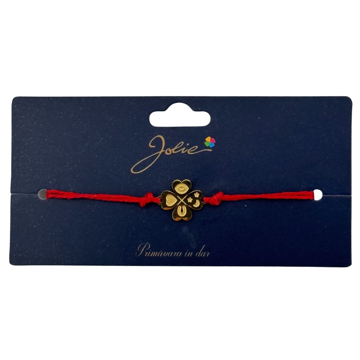 Martisor Bratara Primavara, Textil si Inox, Jolie, Snur Rosu, Model Trifoi cu Patru Foi, Auriu