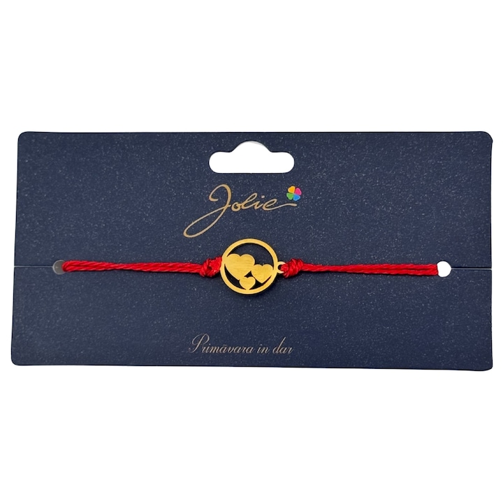Martisor Bratara Primavara, Textil si Inox, Jolie, Snur Rosu, Model Trei Inimi, Auriu