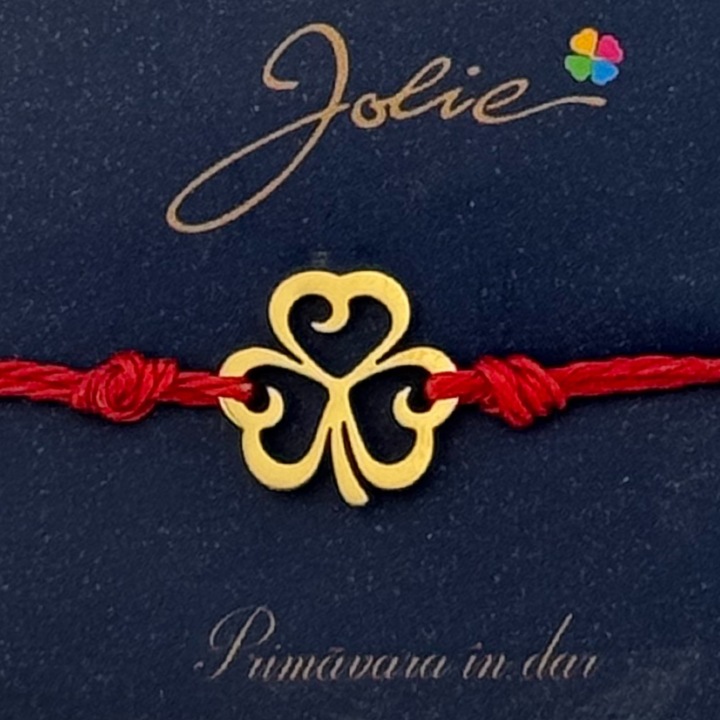 Martisor Bratara Primavara, Textil si Inox, Jolie, Snur Rosu, Model Trifoi, Auriu