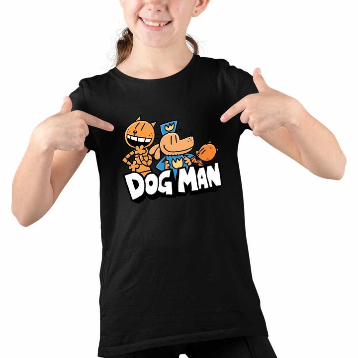 Tricou Copii Fete Dog Man All team Dav Pilkey Capitan Chilot, Fekete