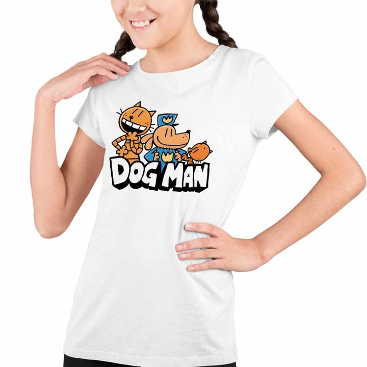 Tricou Copii Fete Dog Man All team Dav Pilkey Capitan Chilot, Fehér