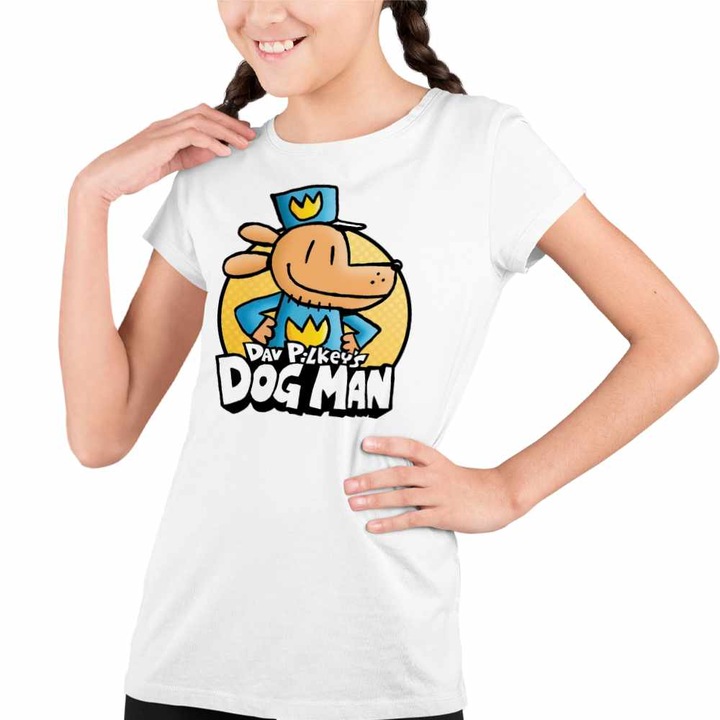 Tricou Copii Fete Dog Man Dav Pilkey Aventuri Caine Politist, Fehér