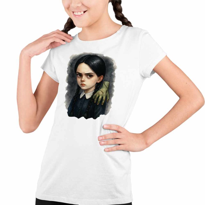 Tricou Copii Fete Familia Addams Wednesday Hand Halloween Mana Horror Petrecere, Fehér