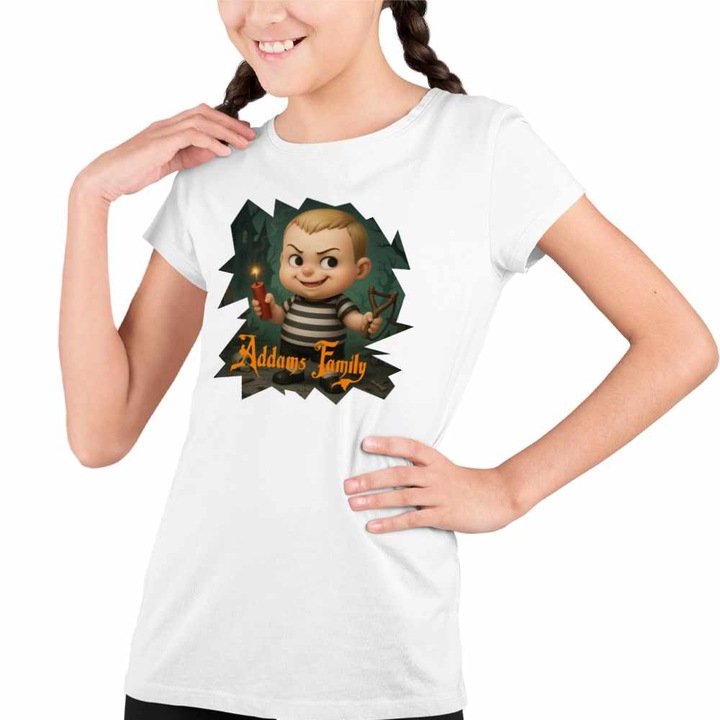 Tricou Copii Fete Familia Addams Pugsley Cimitir Dinamita Halloween Horror Cosplay, Fehér
