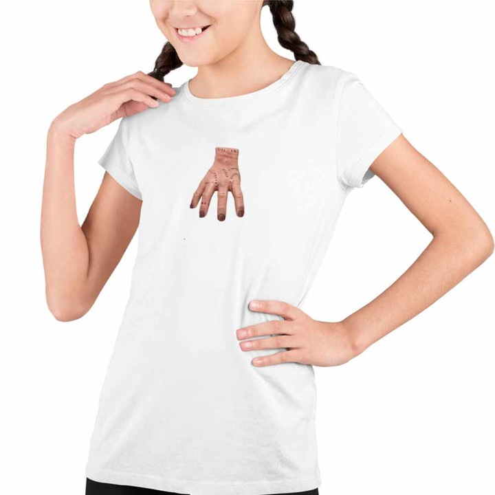Tricou Copii Fete Familia Addams Hand Mana Halloween Horror Scoala, Fehér