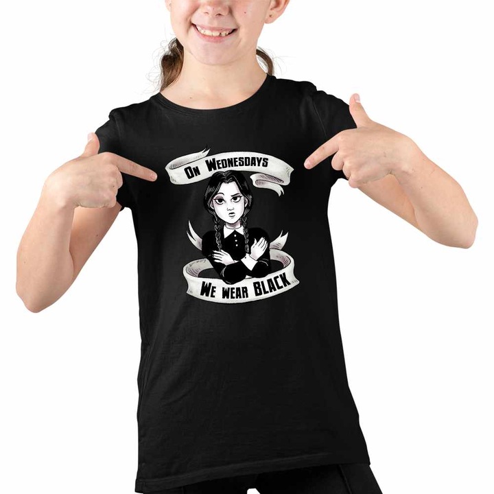 Tricou Copii Fete Familia Addams Wednesday Miercuri Wear Black Horror Halloween, Fekete