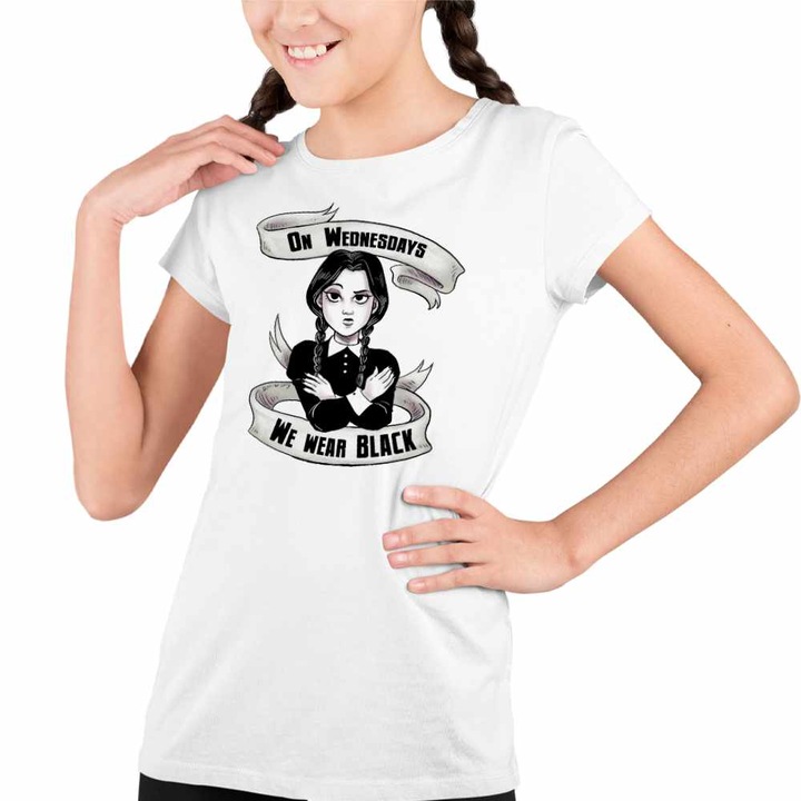 Tricou Copii Fete Familia Addams Wednesday Miercuri Wear Black Horror Halloween, Fehér